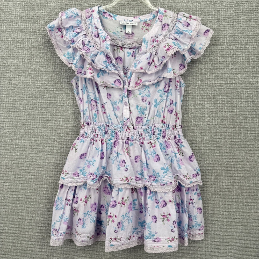 Love Shack Fancy Target Floral Ruffle Mini Dress Women Sz M Lou Purple‎ Cottage